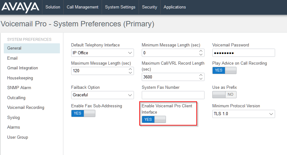 Enable Voicemail Pro Client Interface